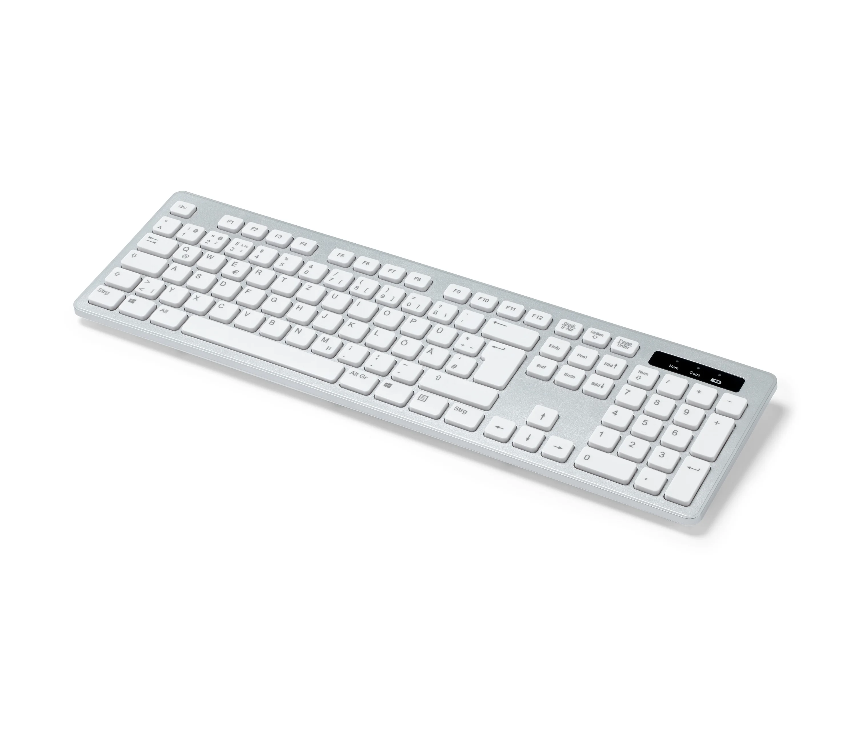 Batterie günstig Kaufen-Tchibo - Tastatur - silber. Tchibo - Tastatur - silber <![CDATA[Tastatur Farbe: Silberfarben Material: Kunststoff Maße: B x H x T ca. 44 x 26,5 x 13 cm Inhalt: Inkl. 1 Batterie LR3 (AAA), USB-Dongle und Bedienungsanleitung Gewicht: Ca. 450 g 2-in-1: Bluet