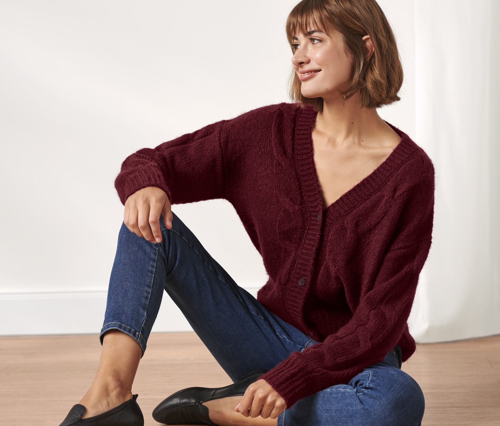 Thumbnail - Tchibo - Strickjacke mit Zopfmuster - Damen - Gr. XL - dunkelrot