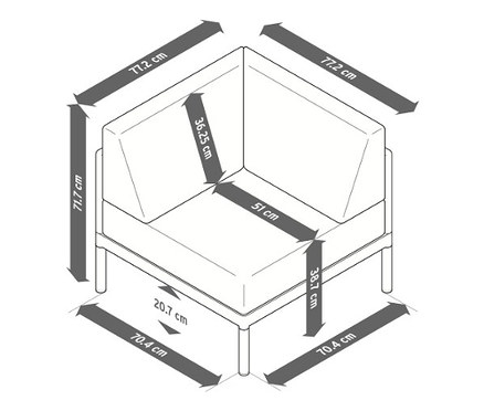 Eine Skizze des 1-Sitzer Eck-Moduls mit Premium-Polsterbezügen zeigt die Abmessungen.