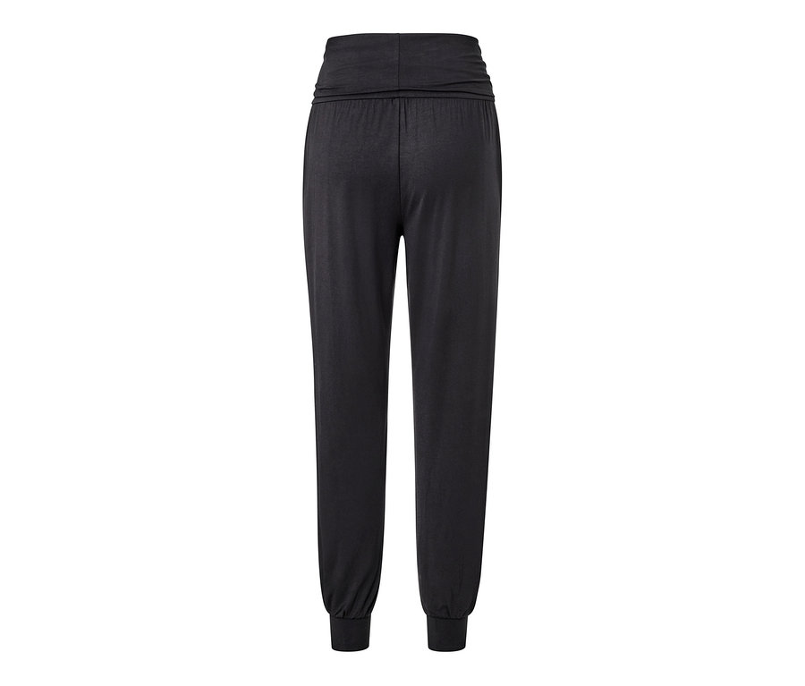 Schwarze Yogahose mit elastischem Bund und Bündchen.