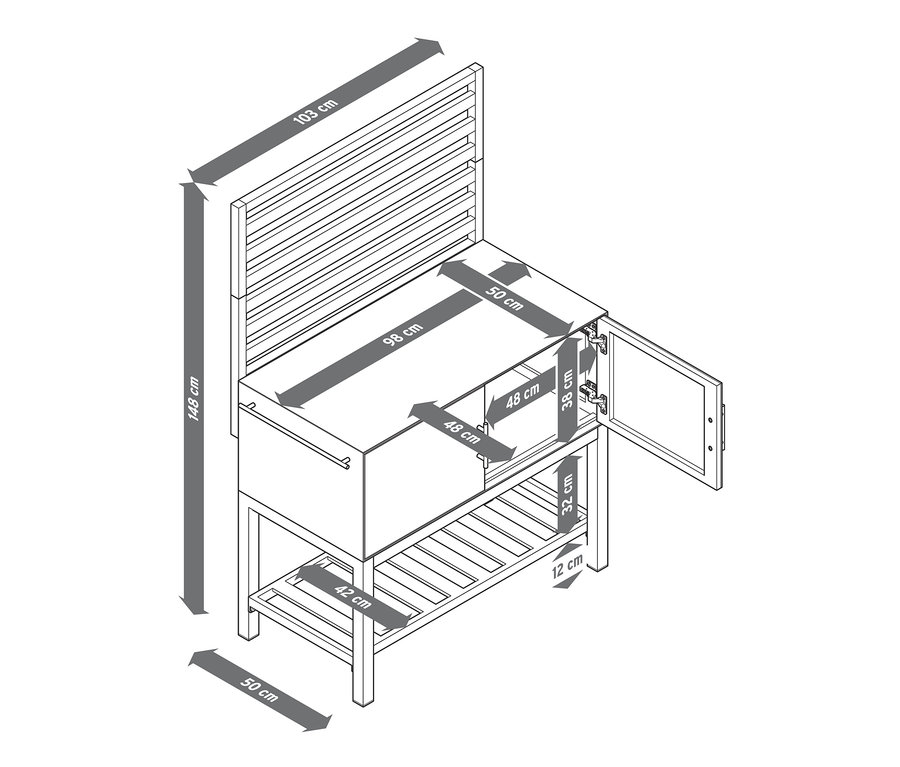 Abmessungen des Outdoor-Küchenmoduls mit Lamellenwand.