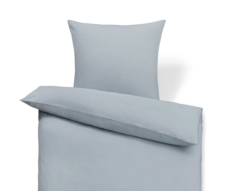 Blaue Leinen-Bettwäsche in Normal- und Übergröße.