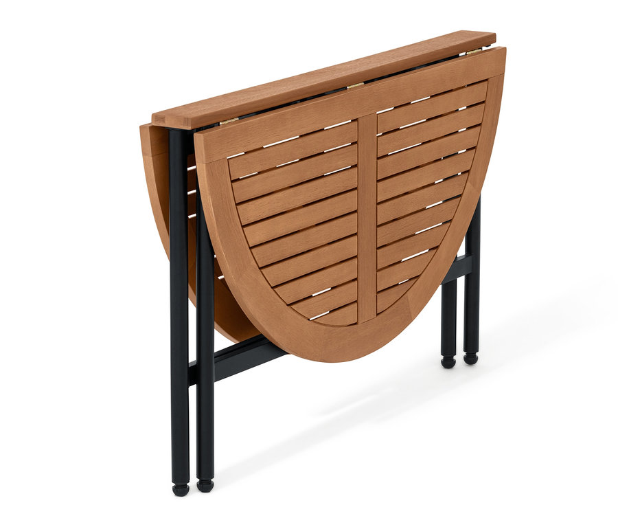 Zusammengeklappter Ausklapptisch »Elin« mit Lamellenplatte und schwarzem Metallgestell.