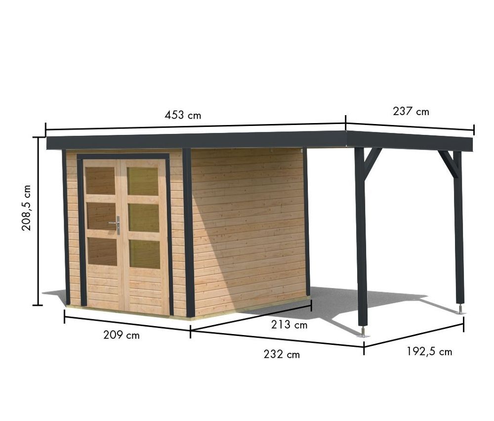 Thumbnail - Karibu Gerätehaus mit Anbaudach - 438x213x208,5cm - anthrazit - Fichtenholz / Stahl