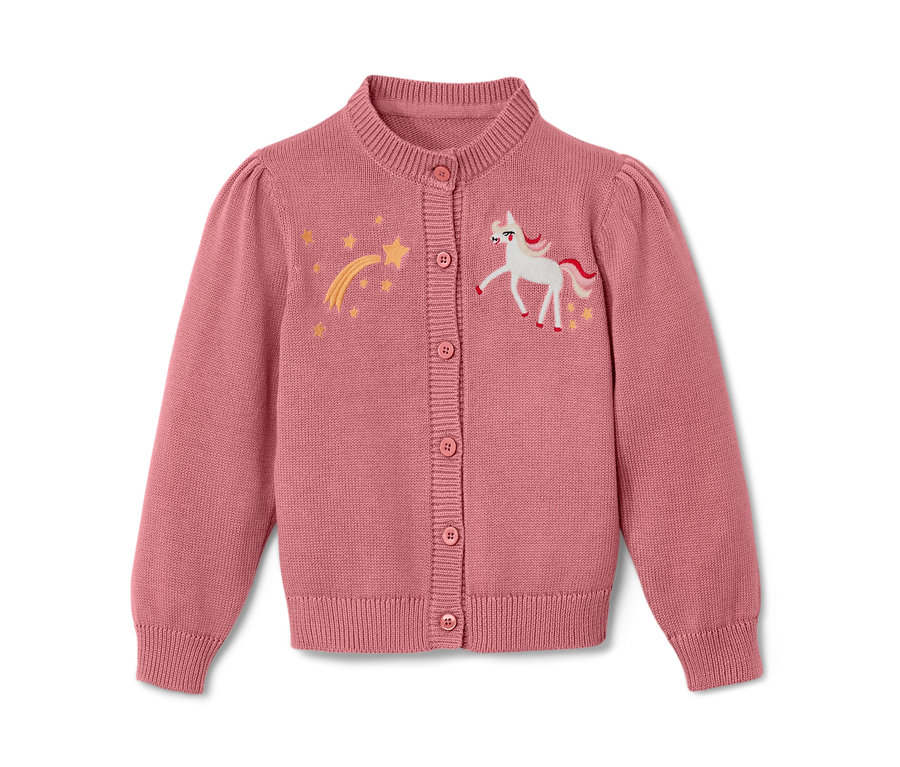 Rosa Kinder-Strickjacke mit Einhorn- und Sternenstickerei.