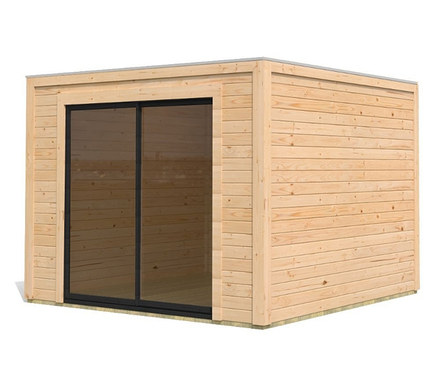 Ein Karibu Gartenhaus "Modern 1" mit Schiebetür ist abgebildet.