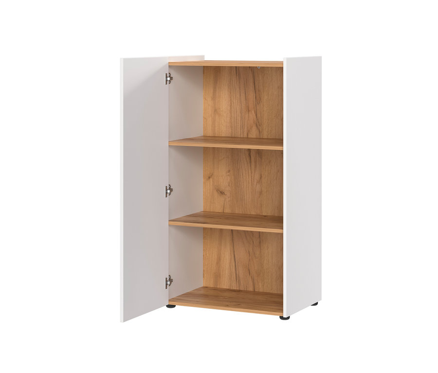 Weißer »Hasselt« Aktenschrank mit geöffneter Tür und Holzregalen.
