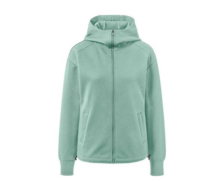 Geschlossene mintfarbene Kapuzen-Sweatjacke mit Reißverschluss in der Mitte.