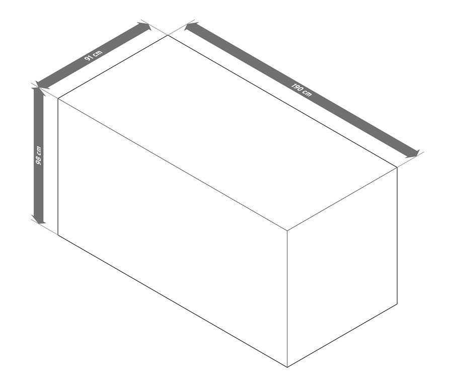Abmessungen der Premium-Abdeckhaube für große Lounge-Sofas: 91 cm x 98 cm x 190 cm.