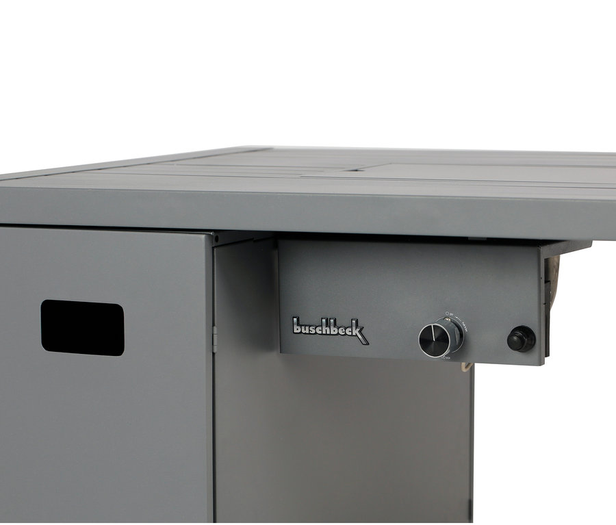 Detailansicht des grauen Buschbeck Loungetisches »Lagos« mit Bedienelementen.