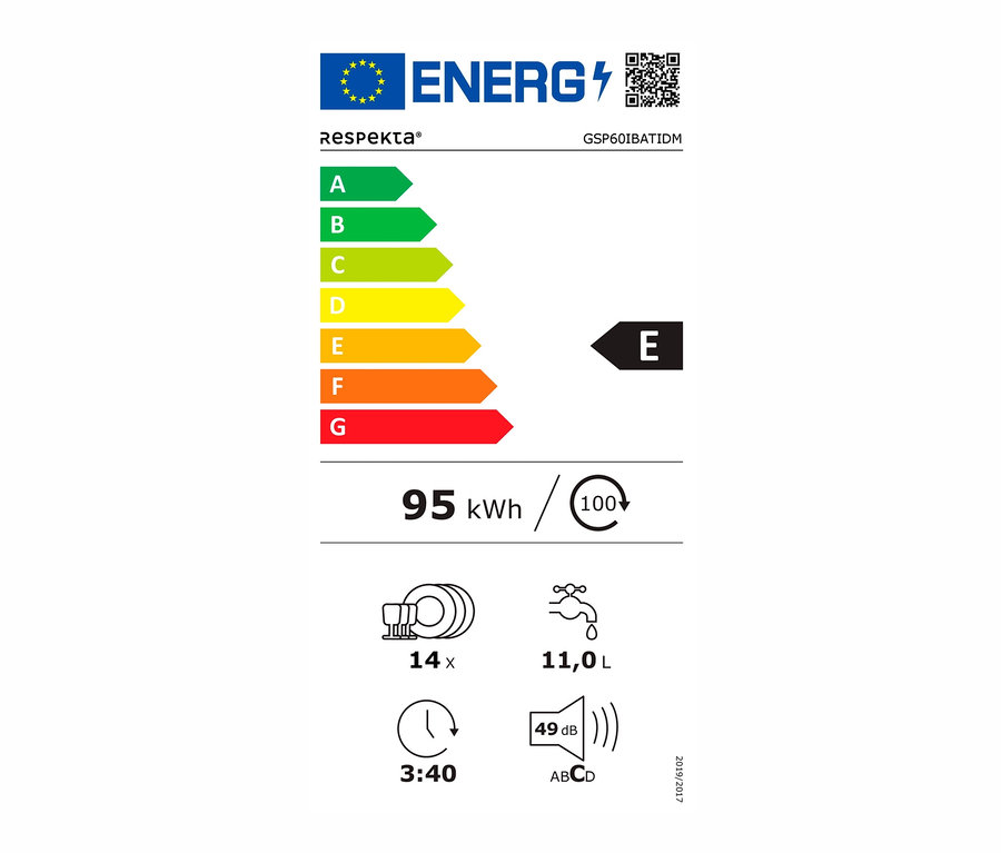 Energielabel für den Respekta teilintegrierbarer-Geschirrspüler »GSP60IBATIDM«, 60 cm, E (von A bis G) mit einem Verbrauch von 95 kWh.