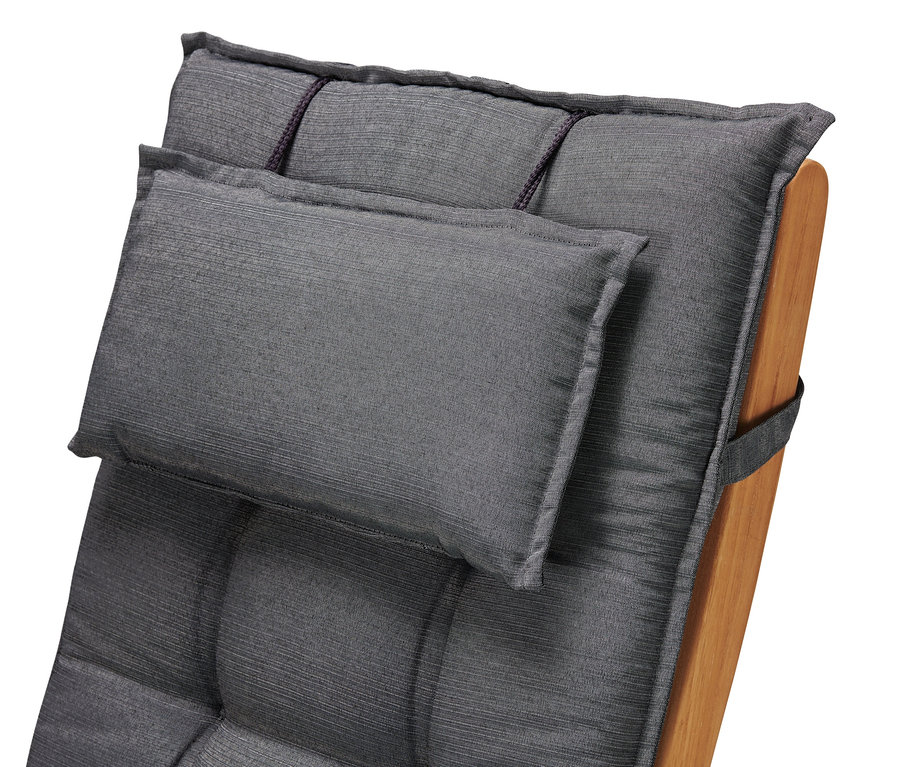 Detail einer anthrazitfarbenen Premium-Hochlehner-Auflage auf einem Stuhl.