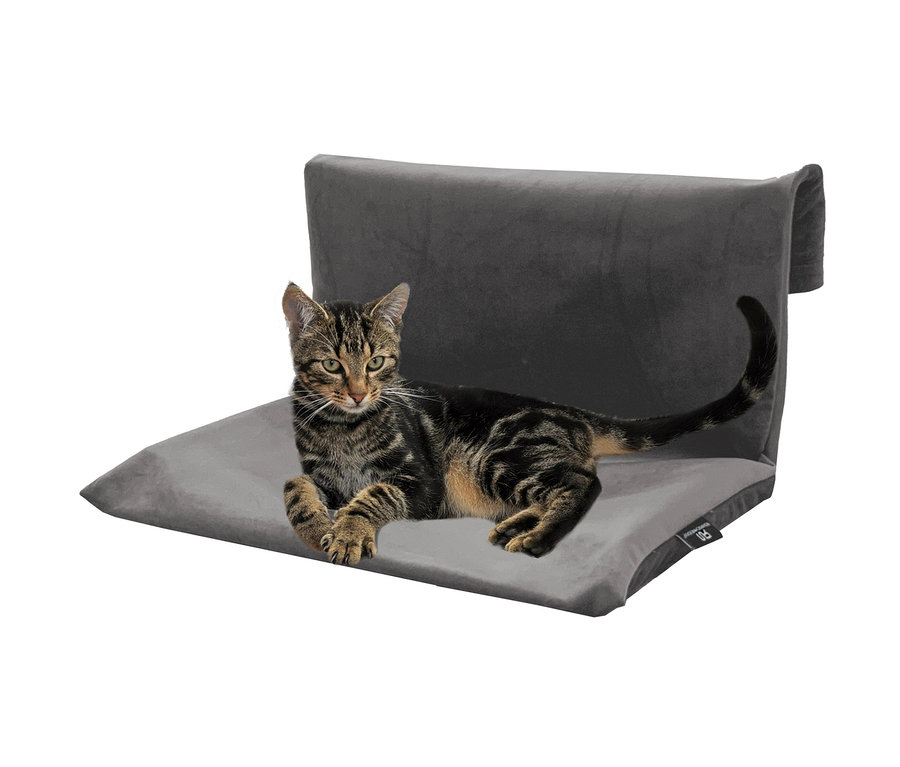 Getigerte Katze liegt auf einer Katzen-Heizkörperliege aus Samt.