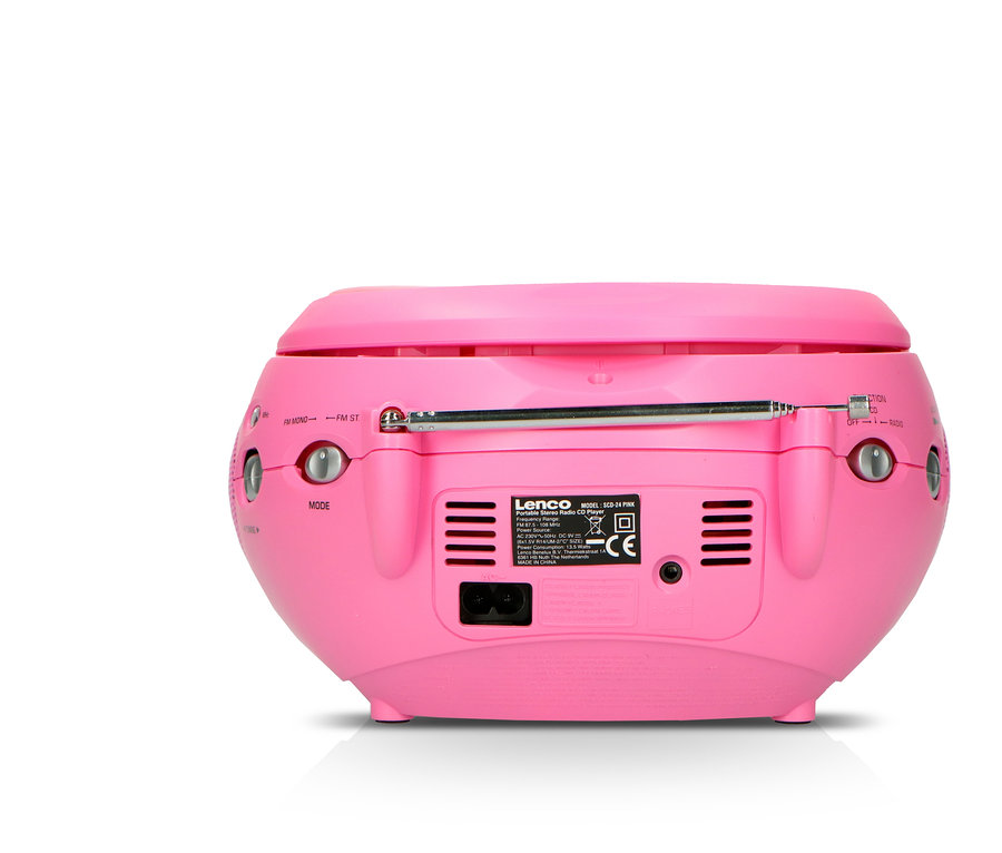 Detailansicht des pinken Lenco »SCD-24 Boombox« CD-Players mit Radio und Kopfhöreranschluss.