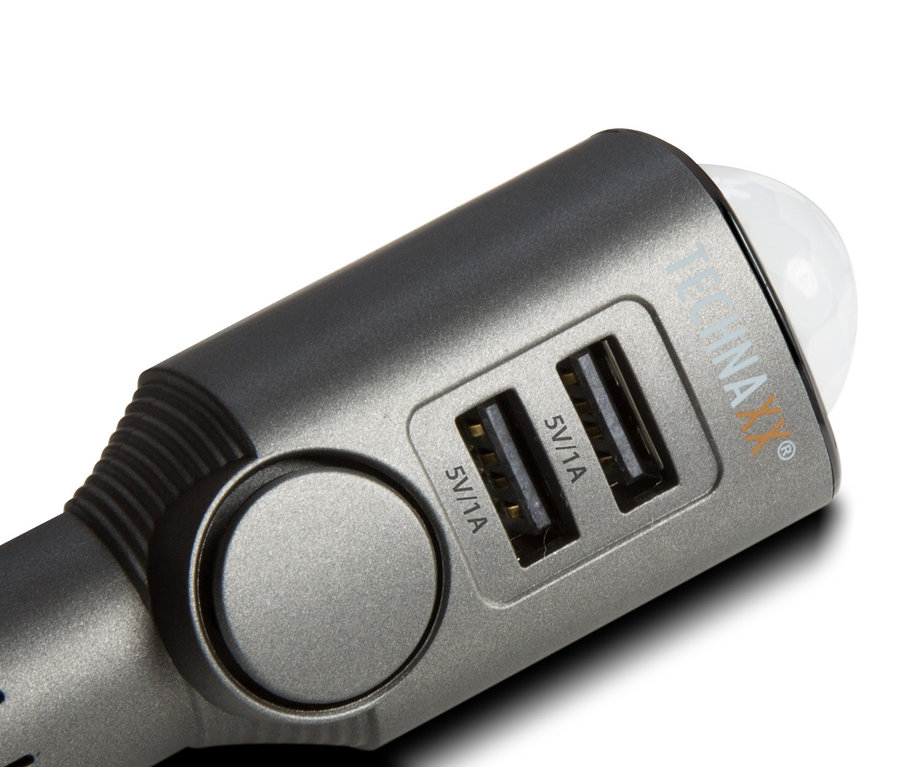 Detailaufnahme eines grauen, mobilen Mini-Alarms mit Bewegungsmelder.