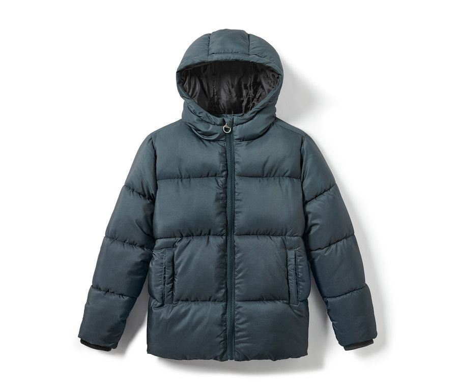Dunkelblaue Kinder-Thermojacke mit Kapuze.