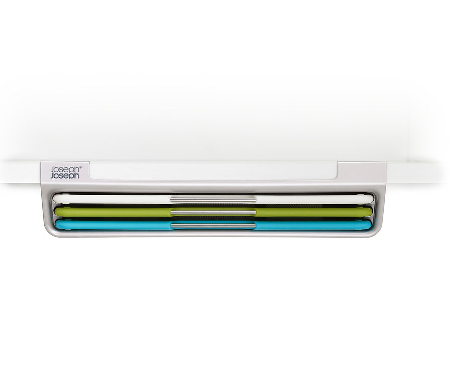 Weisse Wandhalterung mit farbigen Schneidebrettern Joseph Joseph Schneidebrett-Set »Folio Slim«.
