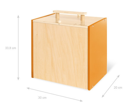 Pinolino Spielwelt »Baustelle Gustav« aus Holz mit orangen Seiten und Maßangaben.