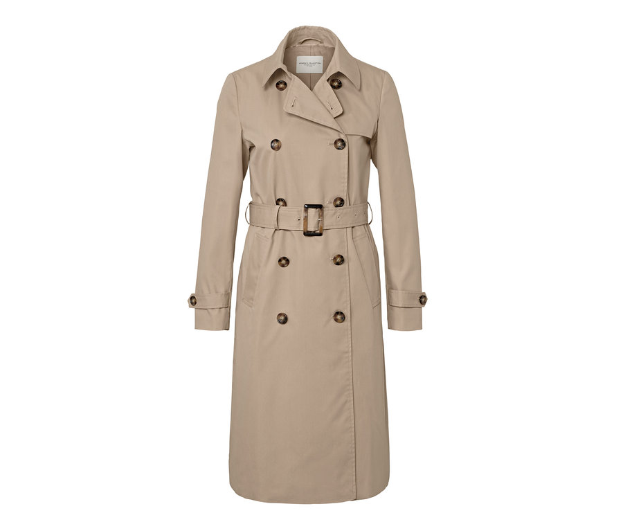 Beiger Trenchcoat mit Gürtel und Knöpfen.