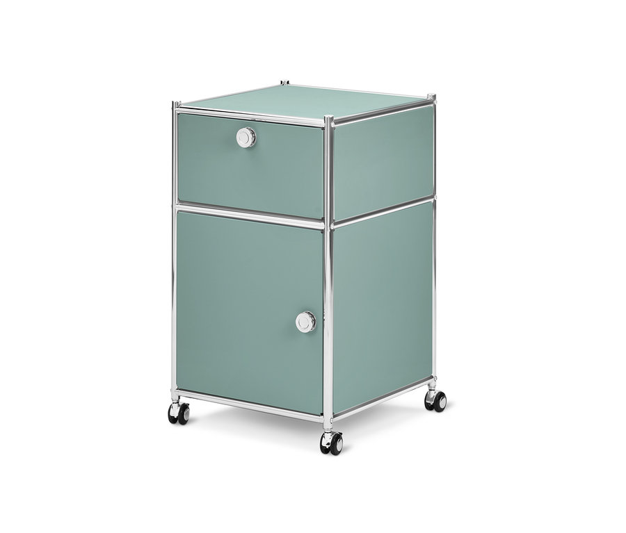Salbeigrüne Rollcontainer »CN3« mit Schublade und Tür.