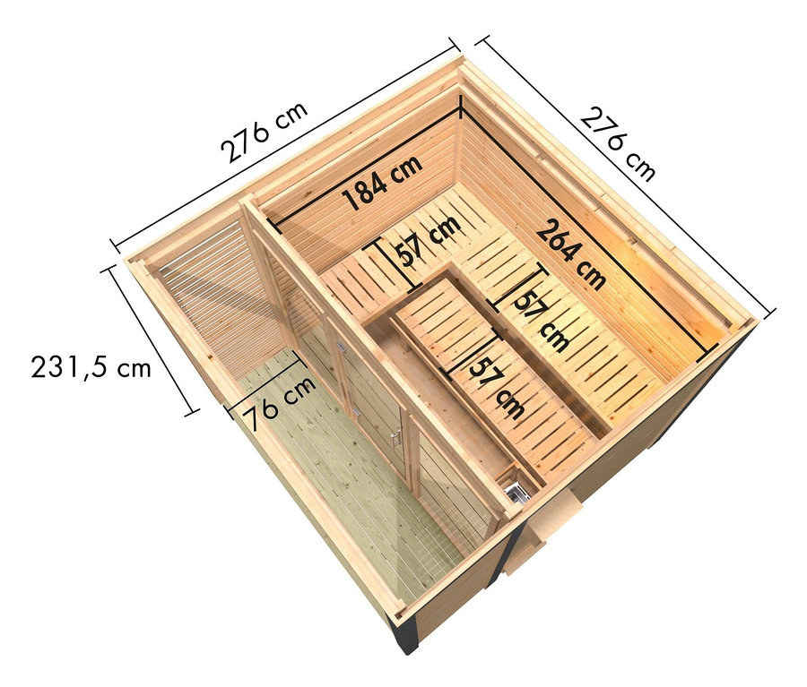 Draufsicht auf das Karibu Hybrid-Saunahaus »Alice 3« mit Maßangaben.
