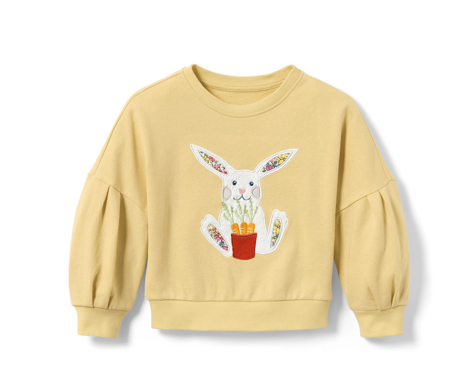 Gelbes Kleinkind-Sweatshirt mit einem Hasen, der einen Topf mit Karotten hält.