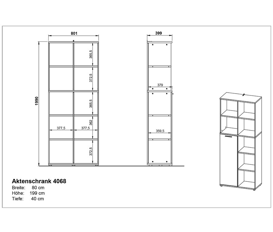 Diagramme von Aktenschränken »Floda« mit Abmessungen.