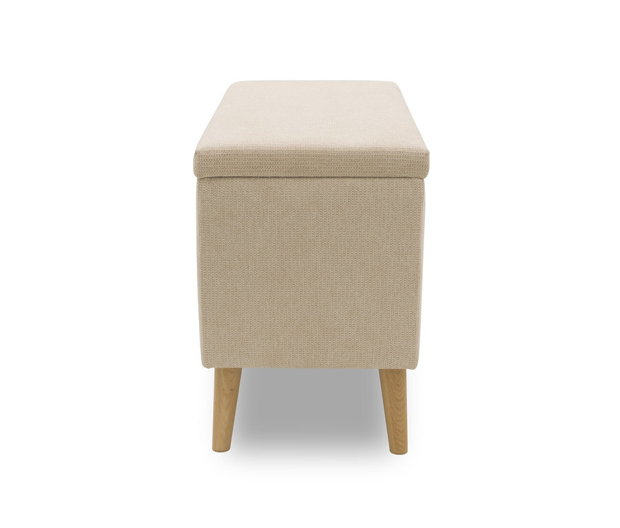 Beiger DOMO Hocker mit Staufach und Holzfüßen.