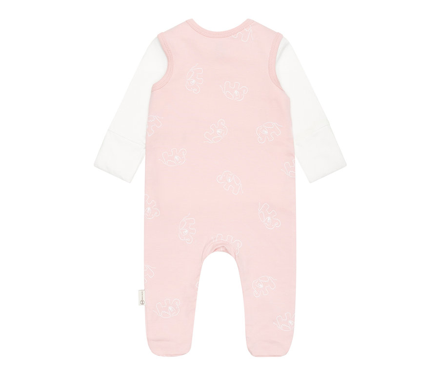Rosa Baby-Strampler mit langen weißen Ärmeln und Elefantenmuster.