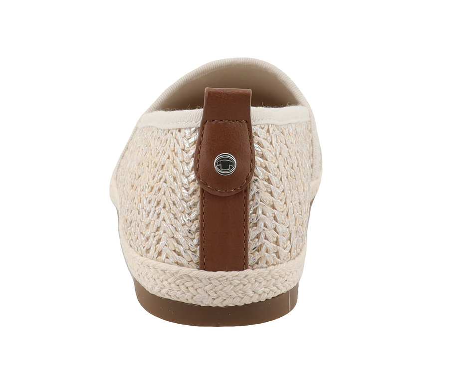 Detailansicht der Rückseite einer goldenen Tom Tailor Espadrille aus Textil.