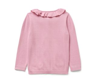 Rosa Baby-Strickjacke mit Rüschenkragen.
