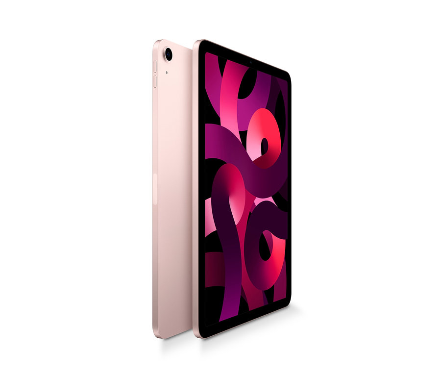 Zwei Apple iPad Air 2022 Wi-Fi 256 GB Tablets, eines in Rosé und eines mit dem Display nach vorne zeigend, das ein violettes Design zeigt.