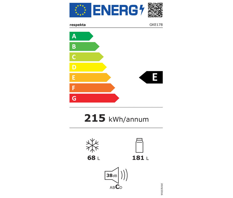 Energielabel der Respekta Kühl-Gefrierkombination »GKE178N« mit der Energieeffizienzklasse E und einem jährlichen Verbrauch von 215 kWh.