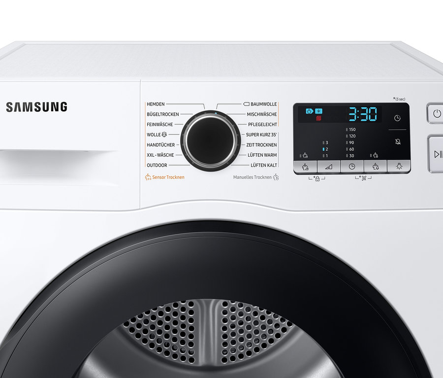 Detailaufnahme des Bedienfelds eines weißen Samsung Wärmepumpentrockners DV9ETA040AE/EG.