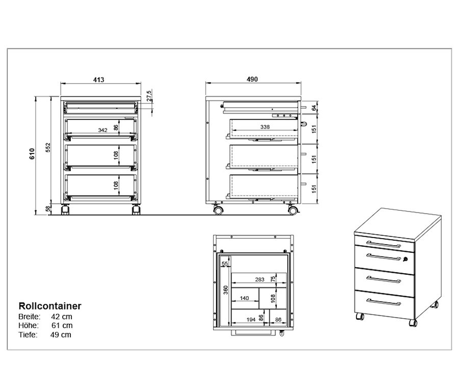 Technische Zeichnung Rollcontainer »Agenda« mit Ansichten von vorne, von der Seite und von oben mit Bemaßungen.