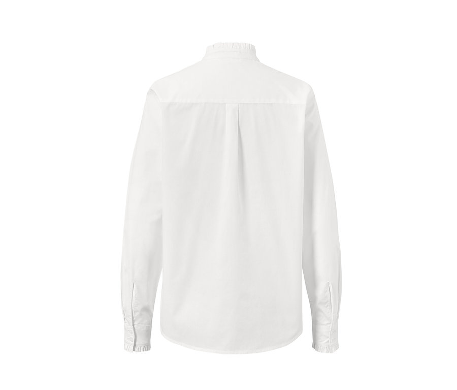 Rückansicht einer weißen Bluse mit Rüschendetail.