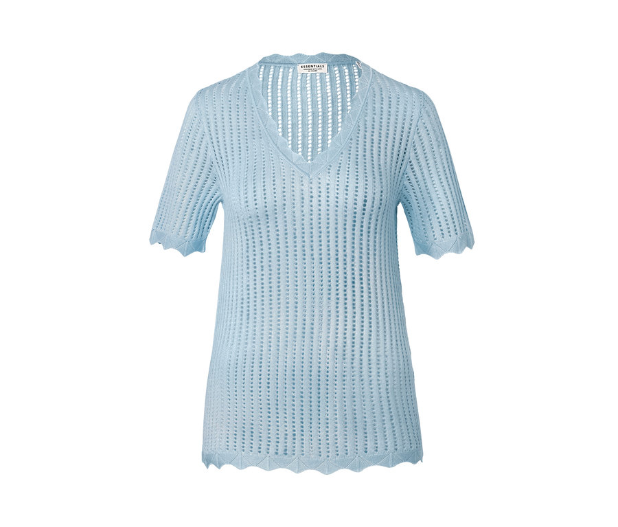 Eisblaues Strick-Shirt mit kurzen Ärmeln und V-Ausschnitt.