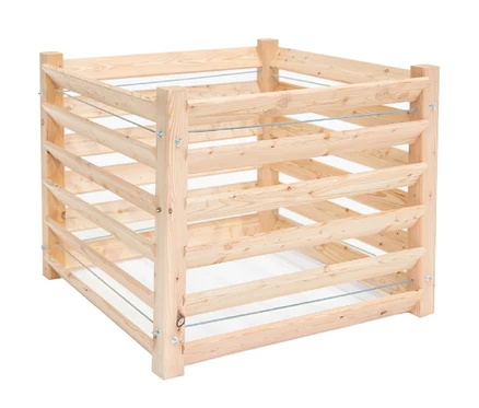 Komposter aus hellem Holz mit vier Eckpfosten und horizontalen Lamellen.