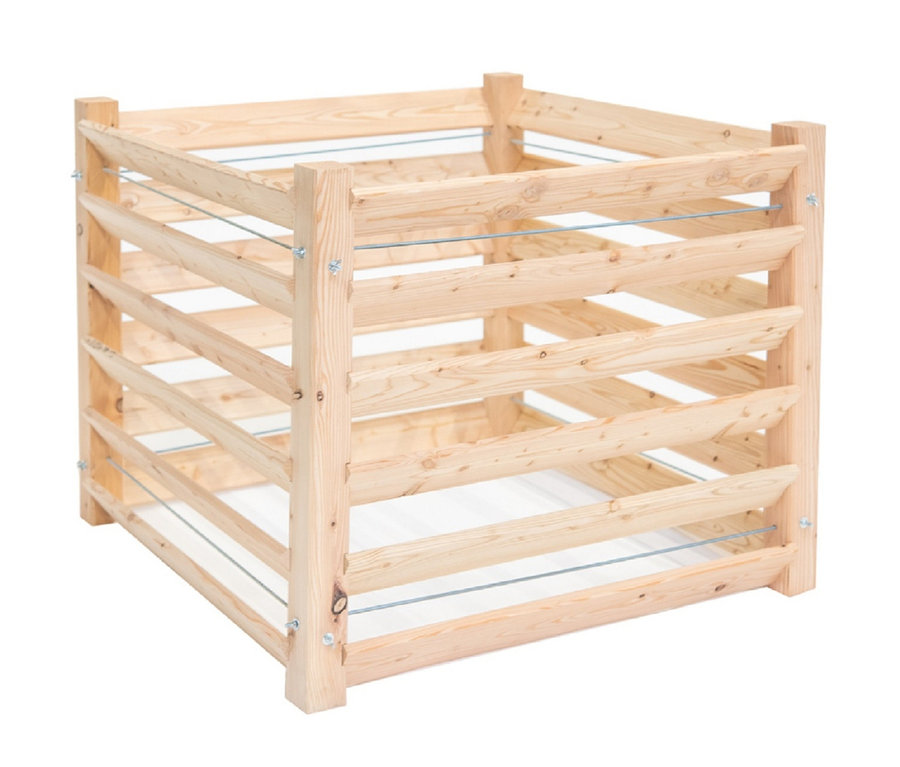 Komposter aus hellem Holz mit vier Eckpfosten und horizontalen Lamellen.