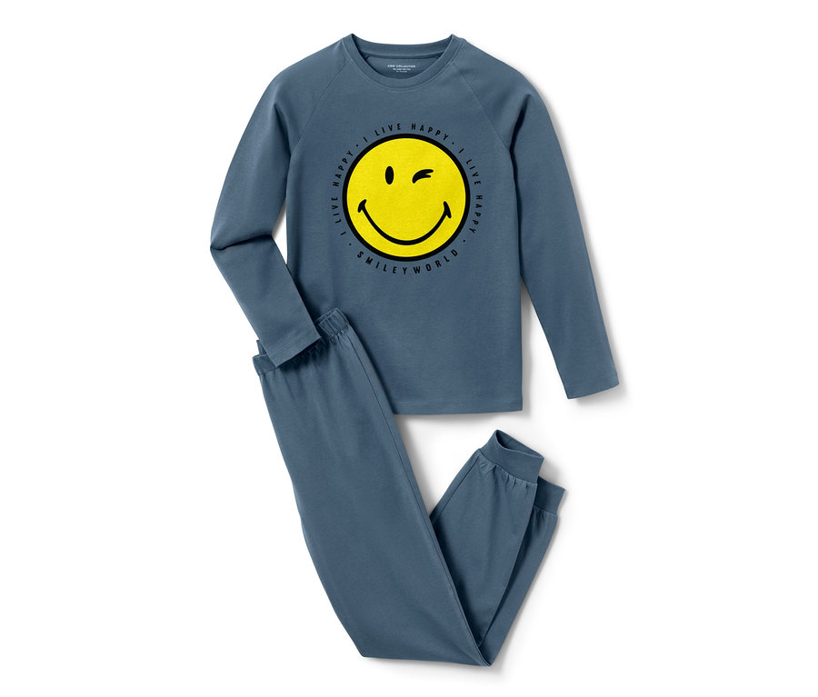 Blauer Kinder-Pyjama »Smiley«, 2 Stück, mit langen Ärmeln und gelbem Smiley.