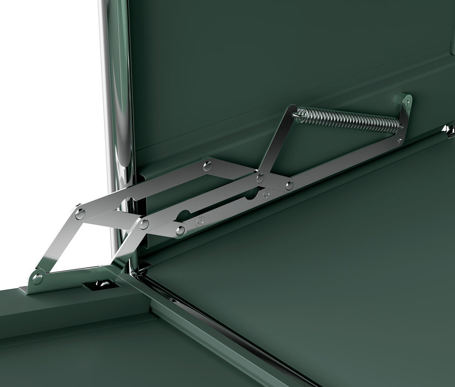 Detailansicht des Klappmechanismus einer Metallkommode »CN3«.