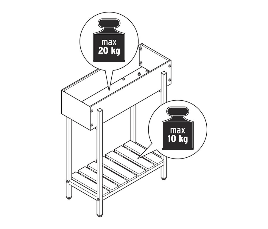 Eine schematische Darstellung der Pflanz-Konsole »Elin«, wobei die obere Ebene ein maximales Gewicht von 20 kg und die untere Ebene ein maximales Gewicht von 10 kg tragen kann.