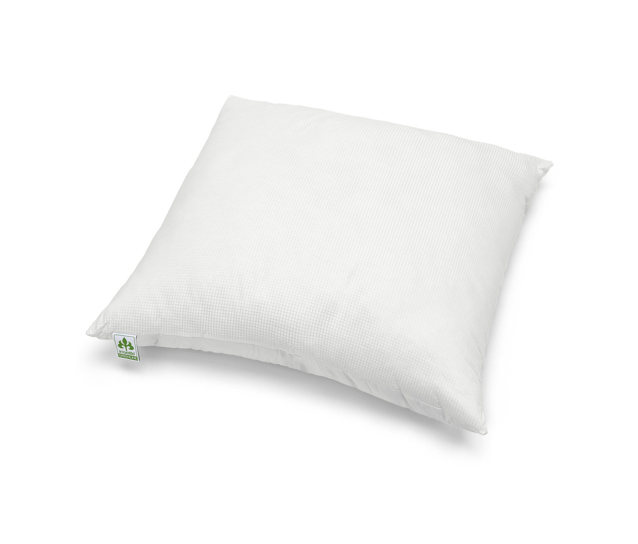 Ein weißes irisette® greenline Kopfkissen mit Outlast®-Technologie, ca. 80 x 80 cm liegt auf einem weißen Untergrund.