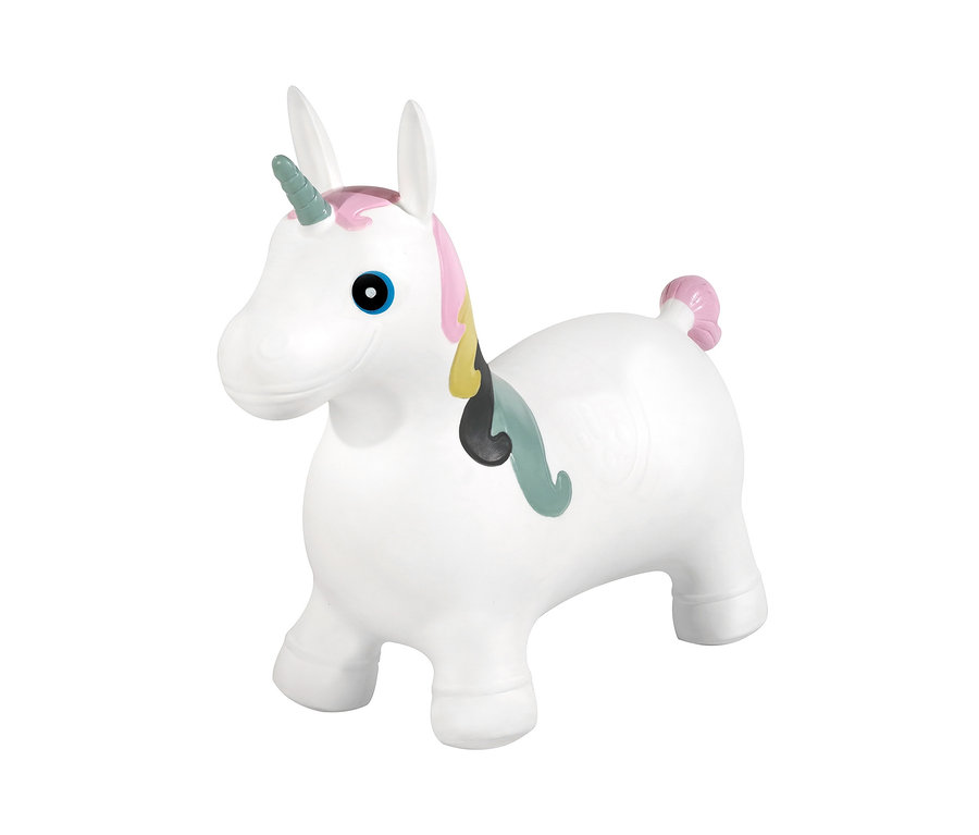 Weißes Hüpftier »Einhorn« mit rosa Mähne.