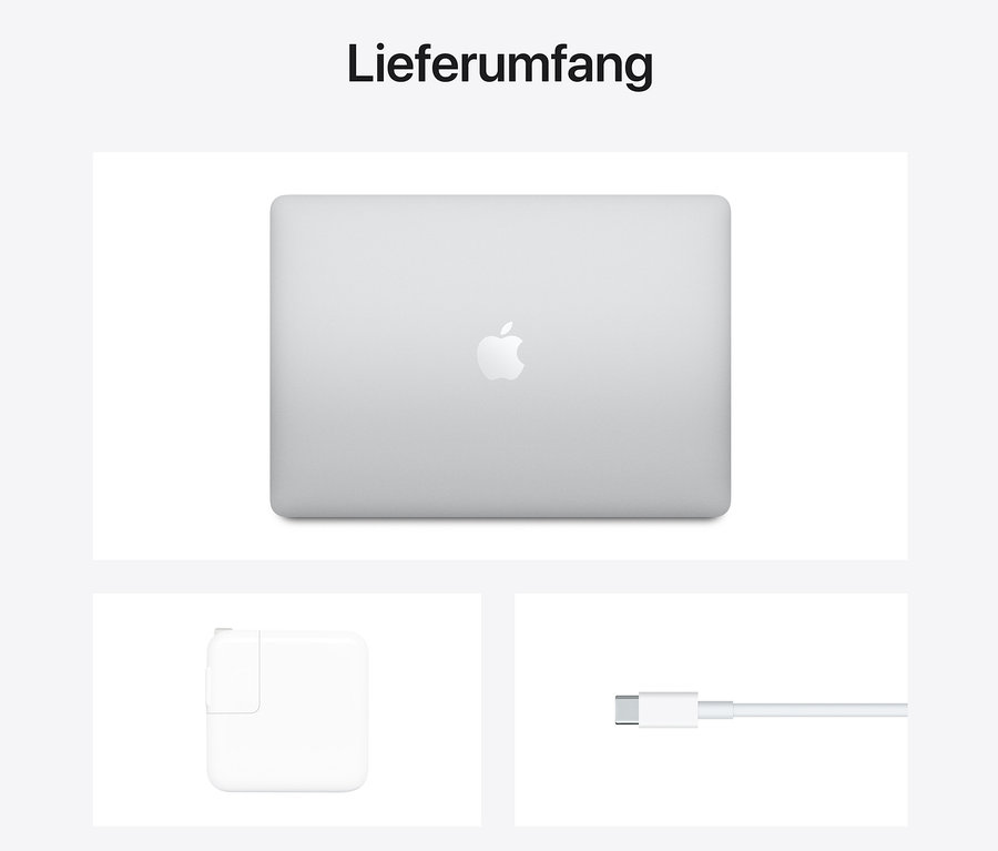Lieferumfang: Silberfarbenes Apple Macbook Air Retina 13" (2020), Netzteil und Kabel.