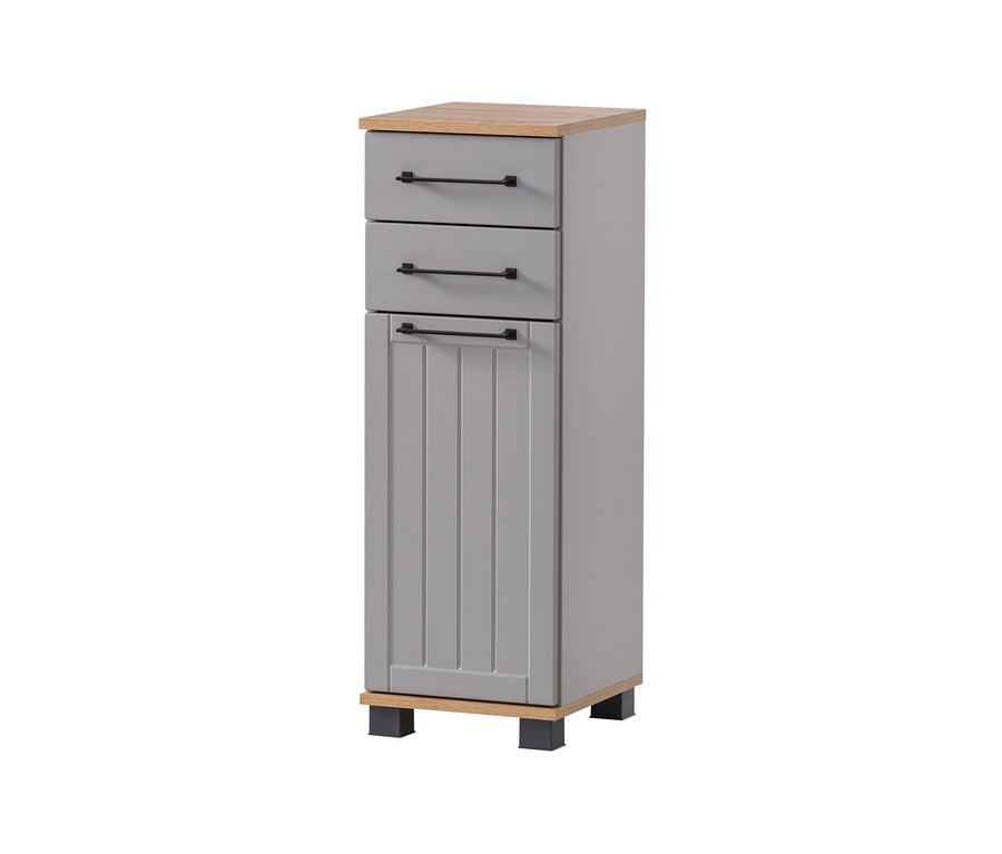 Grauer Badezimmer-Unterschrank »Jelda« mit drei Schubladen und Eiche-Dekor.