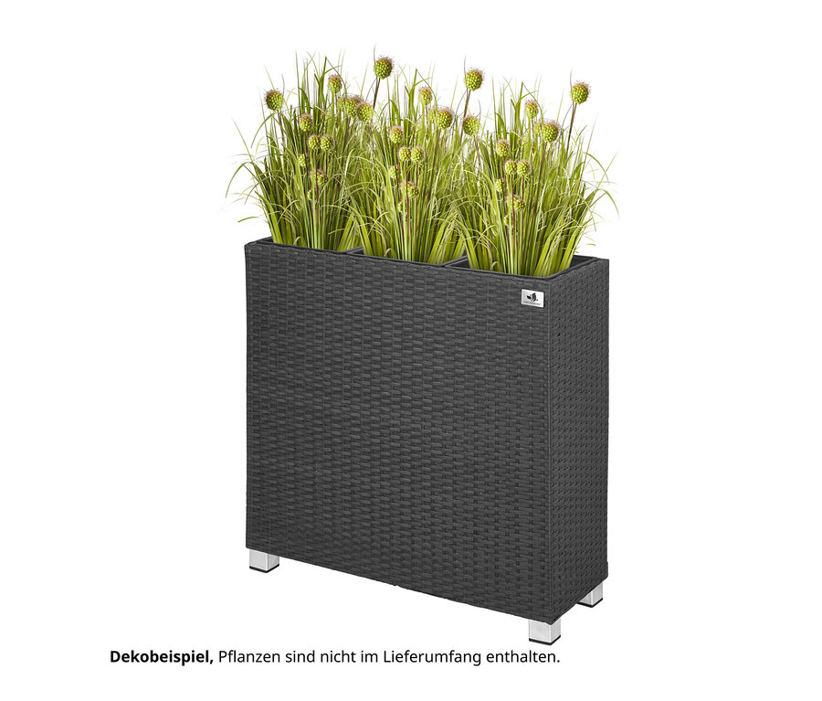 Anthrazitfarbener 2-in-1-Pflanzgefäß-und-Raumteiler aus Polyrattan, ca. 73 x 76 cm, mit Pflanzen.