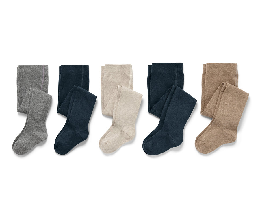Fünf Paar Kinder-Strumpfhosen in Grau, Dunkelblau und Beige.