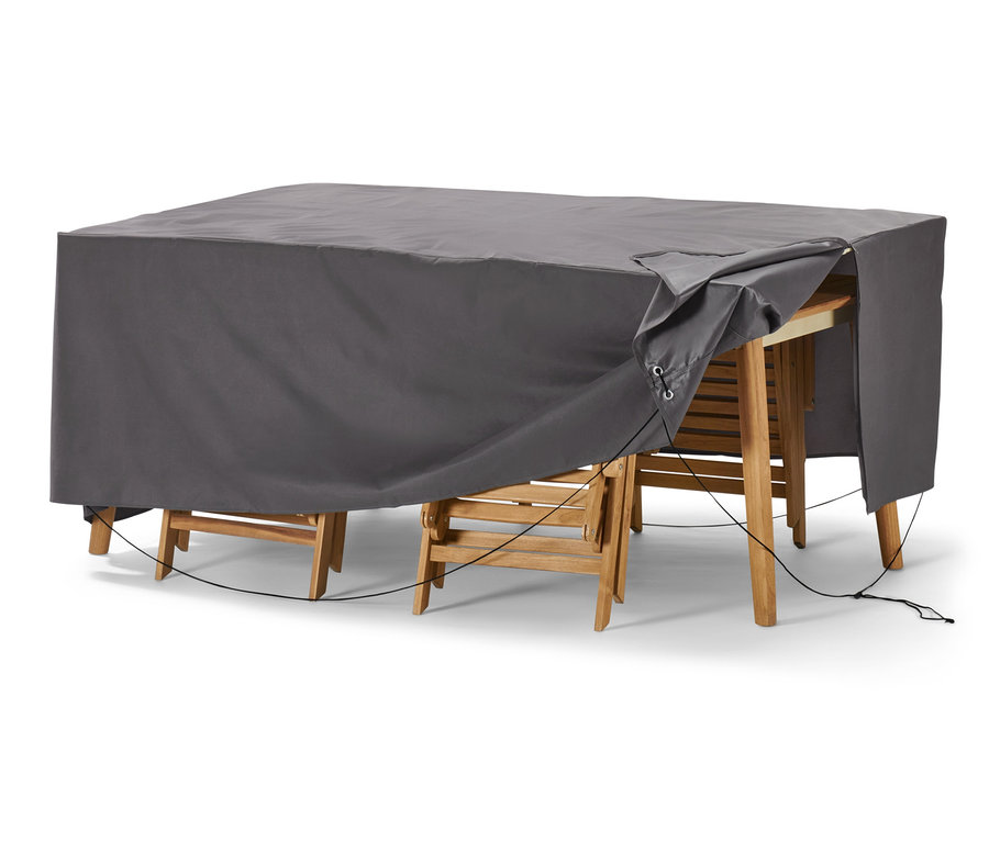 Graue Premium-Abdeckhaube für große Tische, ca. 240 x 140 cm, bedeckt Holztisch und Stühle.
