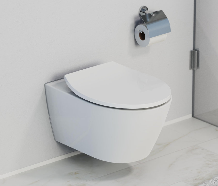 Weiße Toilette mit Duroplast WC-Sitz mit LED-Nachtlicht an einer weißen Wand neben einem Toilettenpapierhalter.